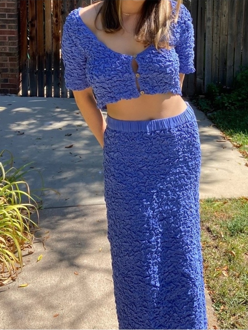 Free People Cobalt Blue Textured Maxi Skirt & Crop Cardigan Set
